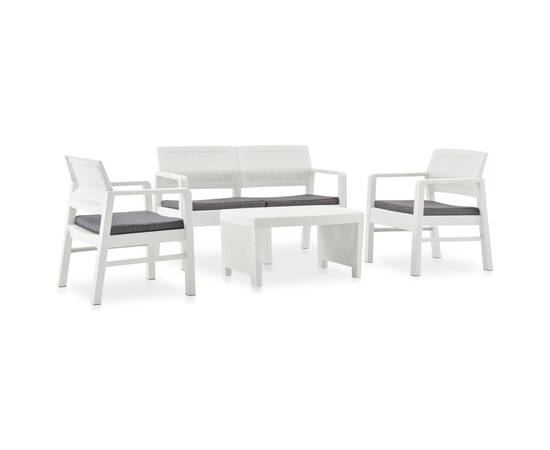 Set mobilier de grădină cu perne, 4 piese, alb, plastic