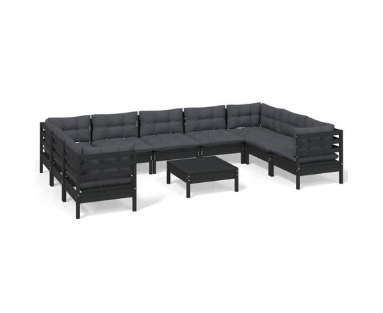 Set mobilier grădină cu perne, 10 piese, negru, lemn de pin, 2 image