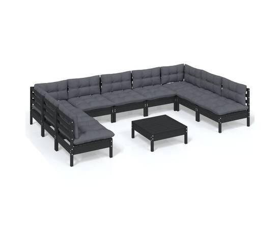 Set mobilier grădină cu perne, 10 piese, negru, lemn masiv pin, 2 image