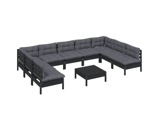 Set mobilier grădină cu perne, 10 piese, negru, lemn masiv pin, 3 image