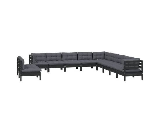 Set mobilier grădină cu perne, 11 piese, negru, lemn masiv pin, 3 image