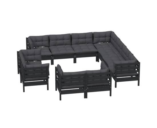 Set mobilier grădină cu perne, 11 piese, negru, lemn masiv pin, 3 image