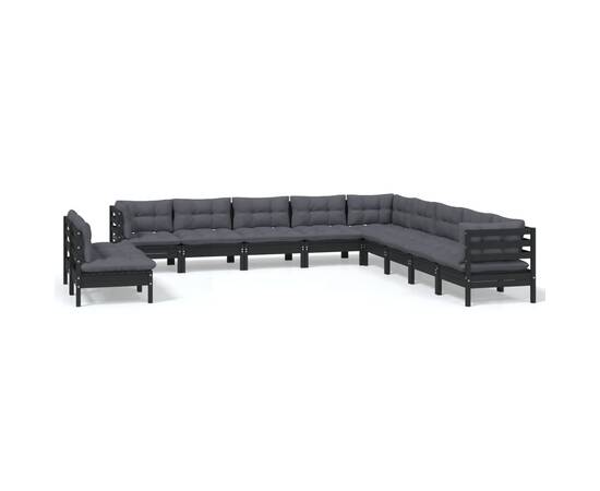 Set mobilier grădină cu perne, 11 piese, negru, lemn masiv pin, 2 image