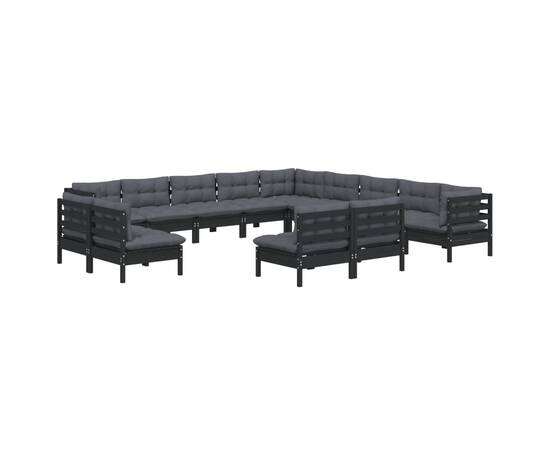 Set mobilier grădină cu perne, 13 piese, negru, lemn masiv pin, 3 image