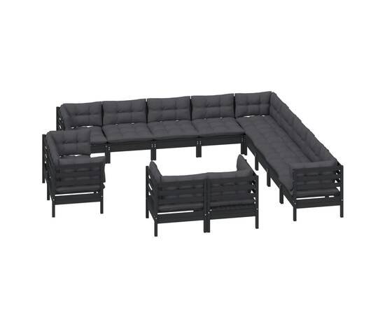 Set mobilier grădină cu perne, 13 piese, negru, lemn masiv pin, 3 image