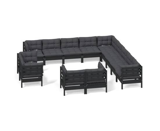 Set mobilier grădină cu perne, 13 piese, negru, lemn masiv pin, 2 image