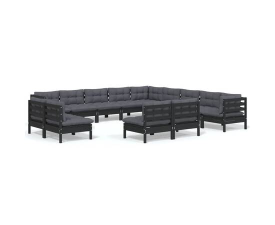 Set mobilier grădină cu perne, 13 piese, negru, lemn masiv pin, 2 image