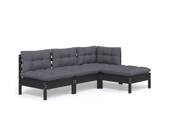 Set mobilier grădină cu perne, 4 piese, negru, lemn de pin, 2 image