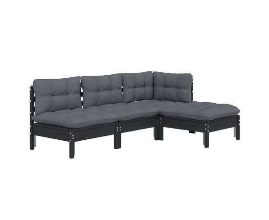 Set mobilier grădină cu perne, 4 piese, negru, lemn de pin, 3 image