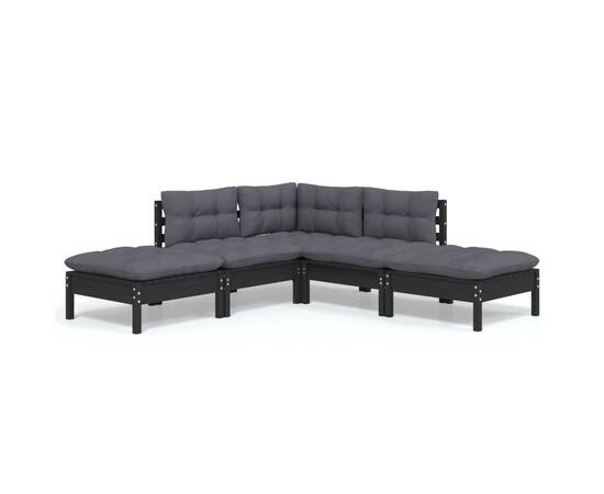 Set mobilier grădină cu perne, 5 piese, negru, lemn de pin, 2 image