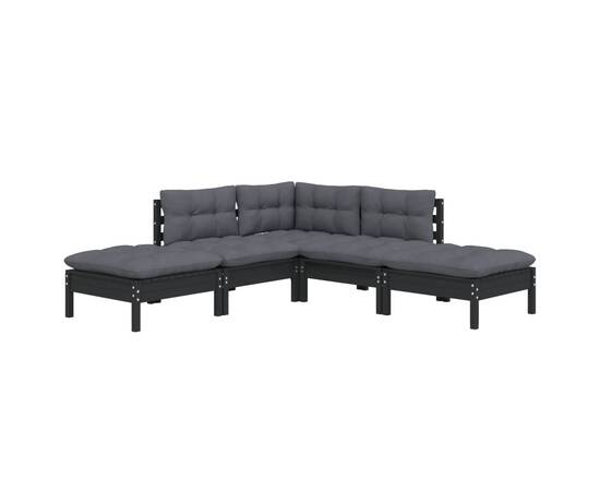 Set mobilier grădină cu perne, 5 piese, negru, lemn de pin, 3 image