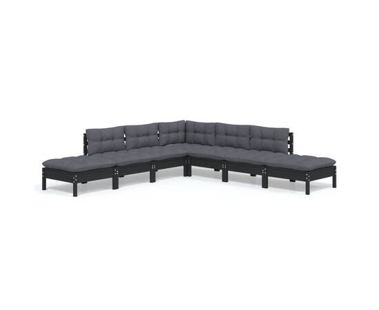 Set mobilier grădină cu perne, 7 piese, negru, lemn de pin, 2 image