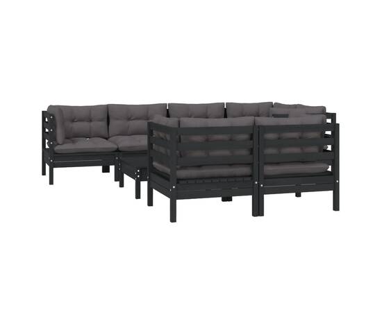 Set mobilier grădină cu perne, 8 piese, negru, lemn masiv pin, 3 image