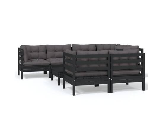 Set mobilier grădină cu perne, 8 piese, negru, lemn masiv pin, 2 image