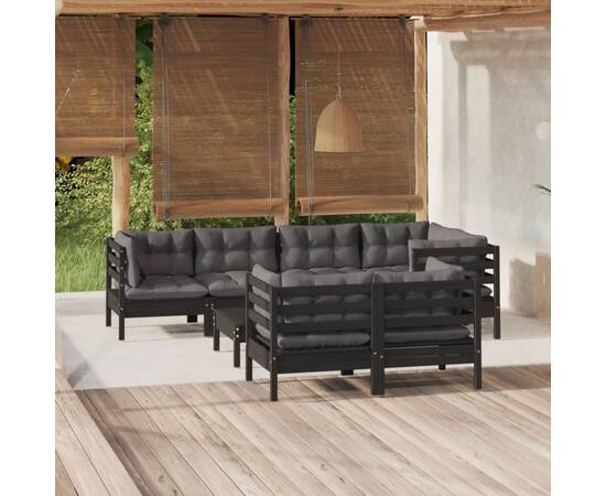 Set mobilier grădină cu perne, 8 piese, negru, lemn masiv pin