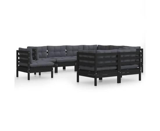 Set mobilier grădină cu perne, 9 piese, negru, lemn masiv pin, 2 image