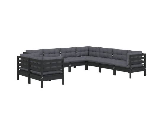 Set mobilier grădină cu perne, 9 piese, negru, lemn masiv pin, 3 image