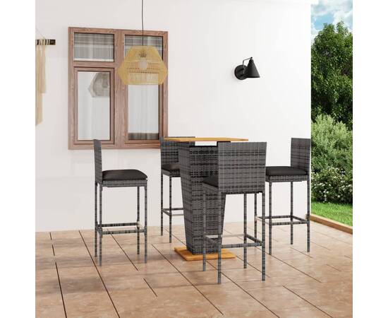 Set mobilier bar de grădină cu perne, 5 piese, gri, poliratan