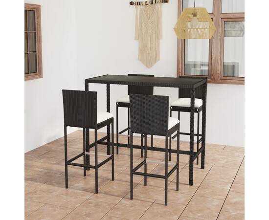 Set mobilier bar de grădină cu perne, 5 piese, negru, poliratan