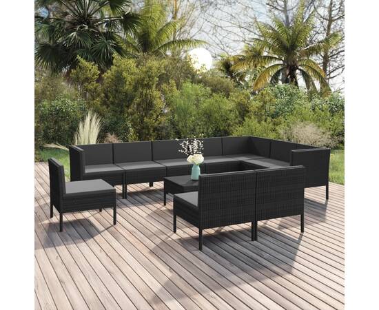 Set mobilier de grădină cu perne, 11 piese, negru, poliratan