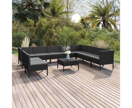 Set mobilier de grădină cu perne, 11 piese, negru, poliratan