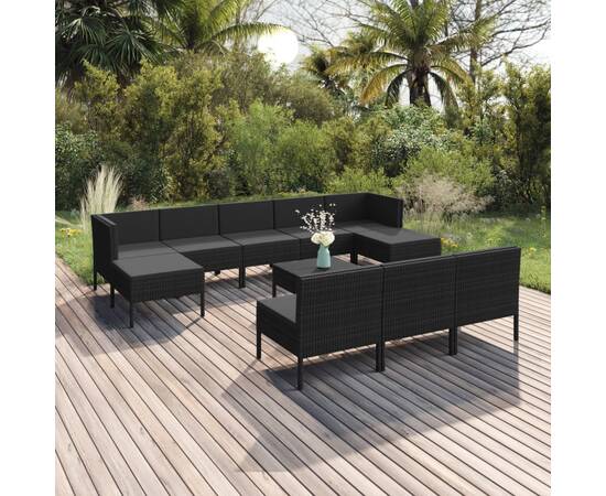 Set mobilier de grădină cu perne, 11 piese, negru, poliratan