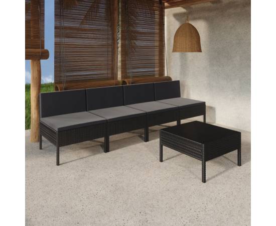 Set mobilier de grădină cu perne, 5 piese, negru, poliratan