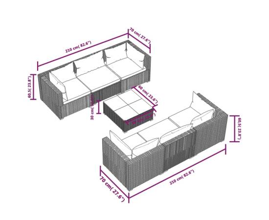 Set mobilier de grădină cu perne, 7 piese, maro, poliratan, 9 image