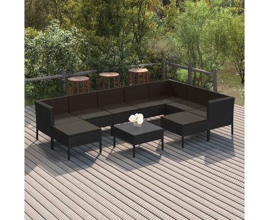 Set mobilier de grădină cu perne, 10 piese, negru, poliratan