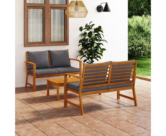 Set mobilier de grădină cu perne, 3 piese, lemn masiv acacia