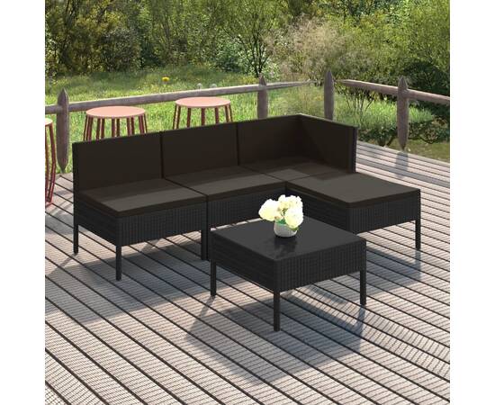 Set mobilier de grădină cu perne, 5 piese, negru, poliratan