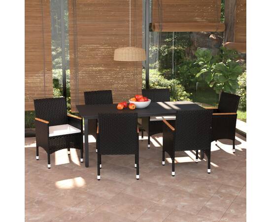 Set mobilier de grădină cu perne, 7 piese, negru, poliratan