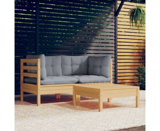 Set mobilier de grădină cu perne gri, 3 piese, lemn masiv pin