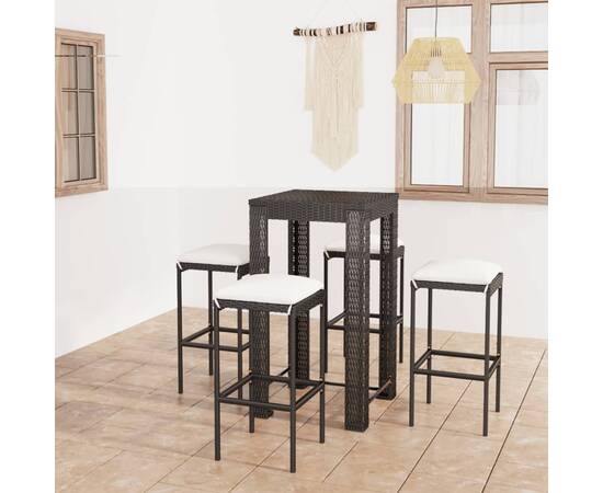 Set mobilier bar de grădină cu perne, 5 piese, negru, poliratan