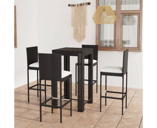 Set mobilier bar exterior cu perne, 5 piese, negru, poliratan