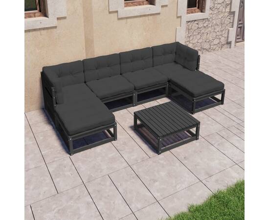 Set mobilier grădină cu perne, 7 piese, negru, lemn masiv pin