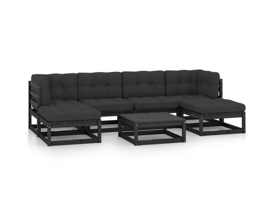 Set mobilier grădină cu perne, 7 piese, negru, lemn masiv pin, 2 image