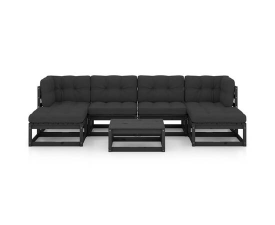 Set mobilier grădină cu perne, 7 piese, negru, lemn masiv pin, 3 image