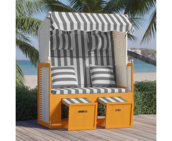 Scaun de plajă cu perne,alb&gri, poliratan și lemn masiv