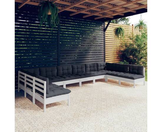 Set mobilier de grădină cu perne, 10 piese, alb lemn masiv pin