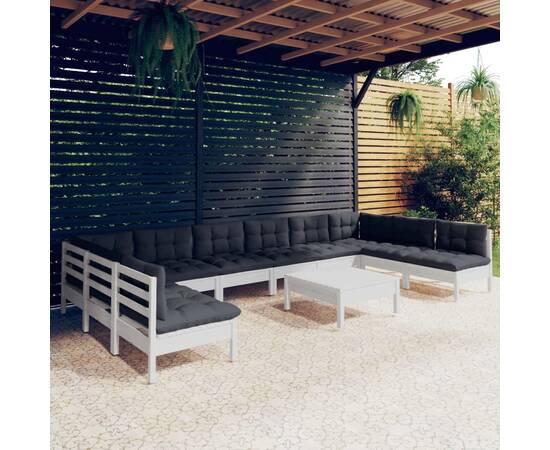 Set mobilier de grădină cu perne, 11 piese, alb lemn masiv pin