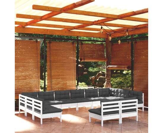 Set mobilier de grădină cu perne, 12 piese, alb, lemn masiv pin