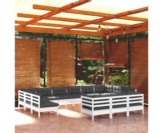 Set mobilier de grădină cu perne, 13 piese, alb, lemn de pin