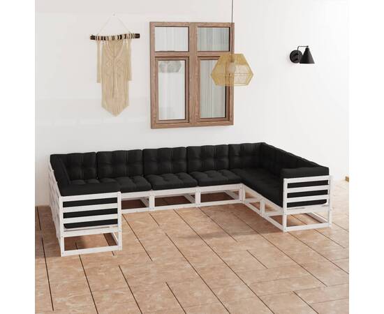 Set mobilier de grădină cu perne, 9 piese,alb,lemn masiv de pin