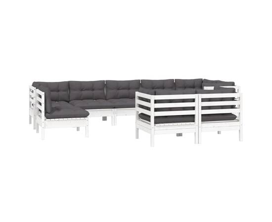 Set mobilier de grădină cu perne, 9 piese, alb, lemn masiv pin, 3 image