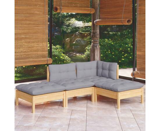 Set mobilier grădină cu perne gri, 4 piese, lemn masiv pin