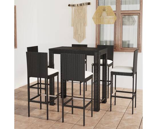 Set mobilier bar de exterior cu perne, 7 piese, negru poliratan