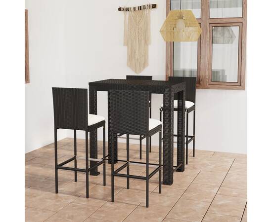Set mobilier bar de exterior cu perne 5 piese, negru, poliratan
