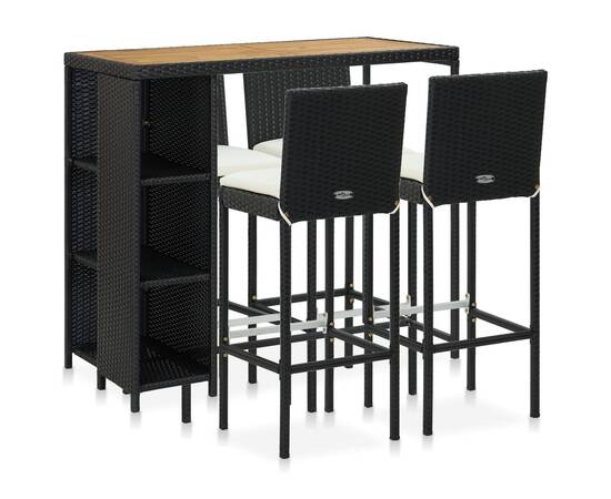 Set mobilier bar de grădină cu perne, 5 piese, negru, poliratan