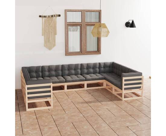 Set mobilier de grădină, 9 piese, cu perne, lemn masiv de pin